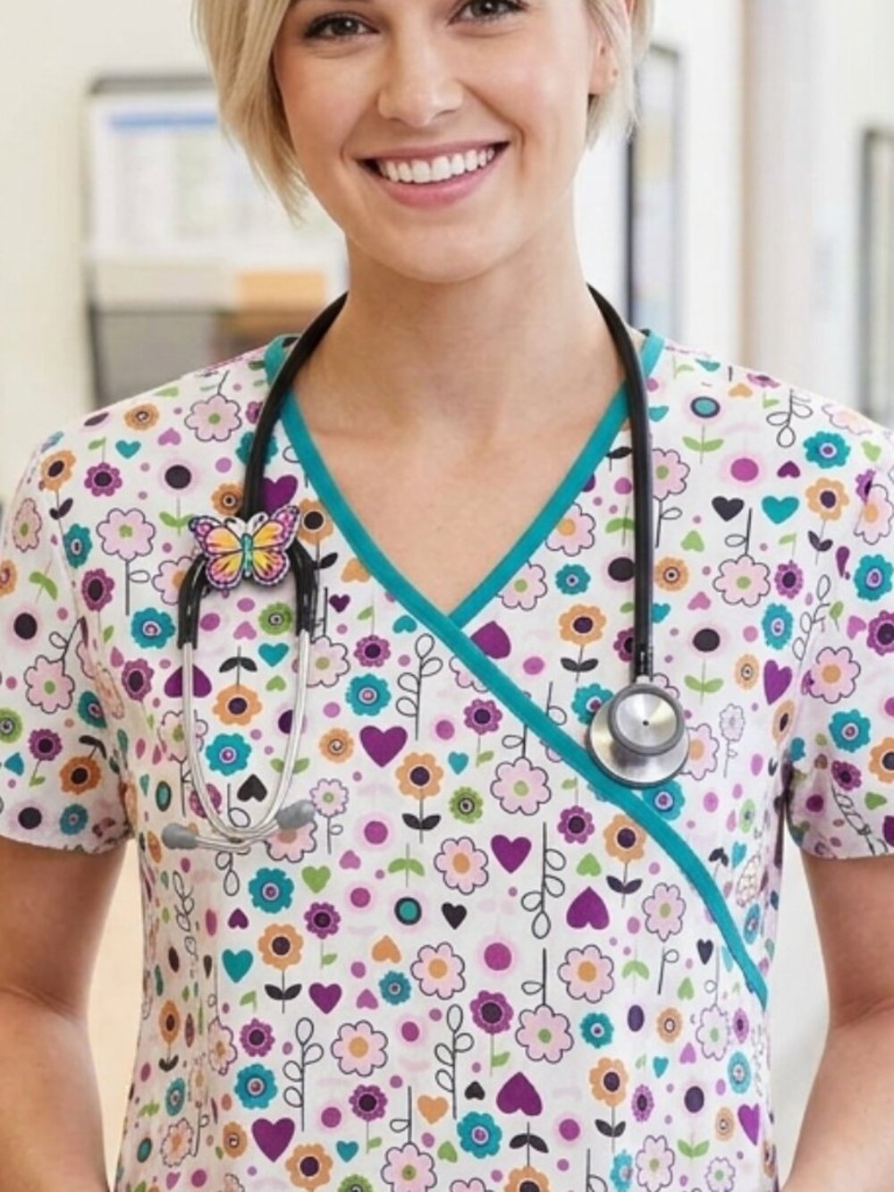 Just Love Retro Floral Heart Mock Wrap Scrub Top Size Medium